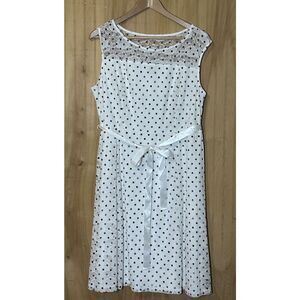 Candalite Womens XL Lace Midi Dress White with Black Polka Dots Lined Sleeveless
